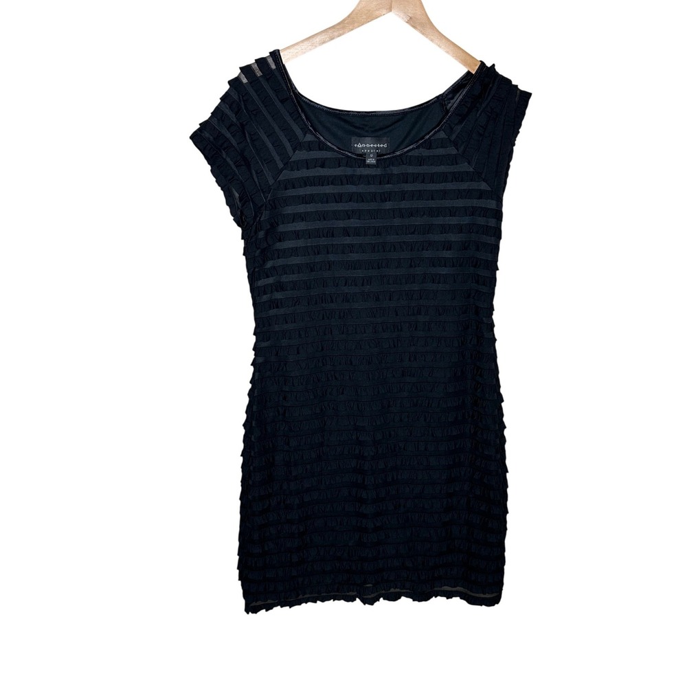 Connected Apparel Ruffle Dress Womens Size 12 Black Short Sleeve Stretch Lined
